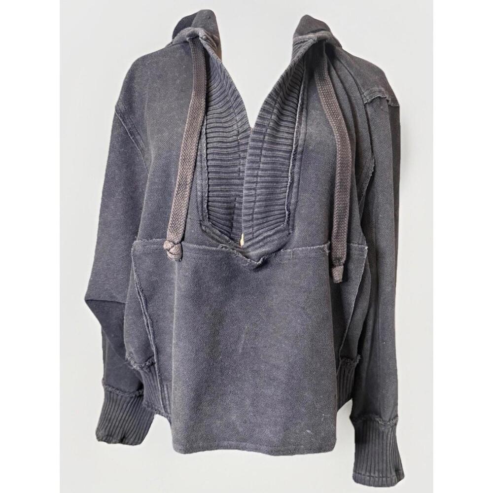 Free People Movement womens Distressed Hoodie blue Grey L Oversized Lounge NWOT